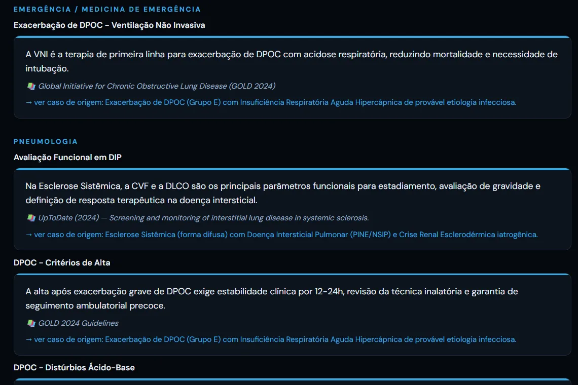 Aba Conhecimentos do Diário: cartões de conhecimento agrupados por especialidade